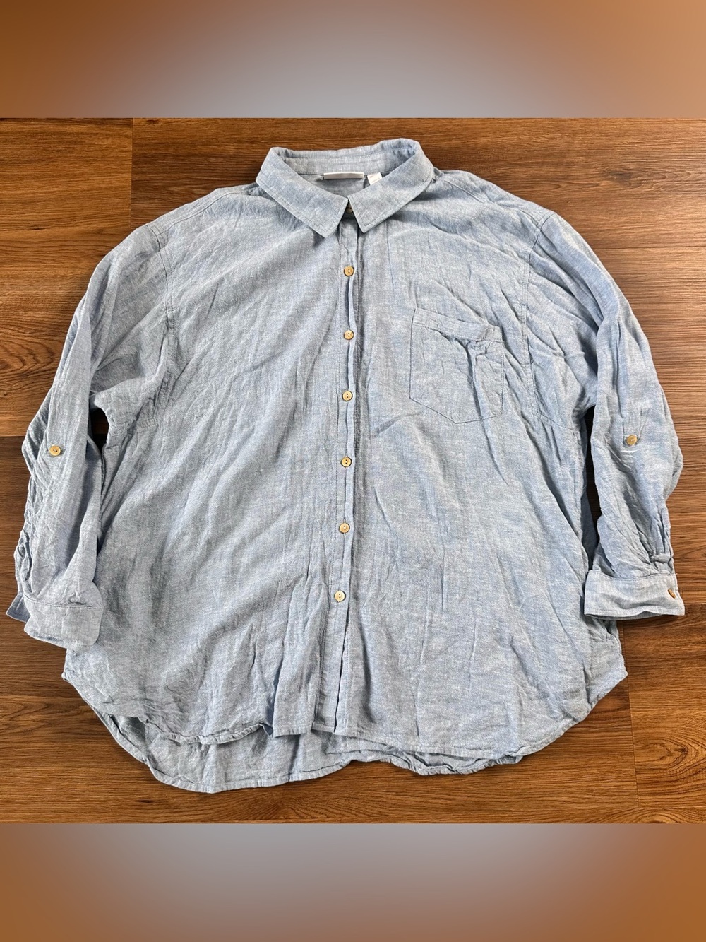 Susan Graver Pure XL Linen Blend Blue Button Down Shirt Pockets L/S Coastal